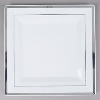 Fineline Silver Splendor 5510-WH 10 inch White Plastic Square Plate with Silver Bands - 10/Pack