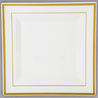 Fineline Silver Splendor 5510-BO 10" Bone / Ivory Plastic Square Plate with Gold Bands - 10/Pack