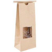 1 lb. Brown Kraft Customizable Tin Tie Cookie / Coffee / Donut Bag with Window - 100/Pack