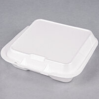 Genpak SN223-WHT 8 7/16 inch x 7 5/8 inch x 2 3/8 inch White Small 3-Compartment Foam Snap-It Hinged Lid Container - 200/Case