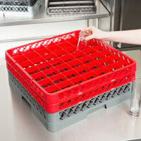 Noble Products 49-Compartment Gray Full-Size Glass Rack with 2 Red Extenders - 19 3/8 inch x 19 3/8 inch x 7 1/4 inch