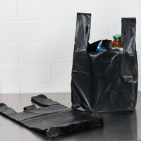 1/6 Size 1.18 Mil Black Unprinted Embossed Extra Heavy-Duty Plastic T-Shirt Bag - 150/Case