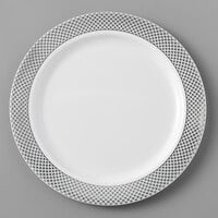 Silver Visions 6 inch White Plastic Plate with Silver Lattice Design - 15/Pack