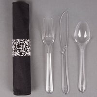 Hoffmaster 119974 CaterWrap 17 inch x 17 inch Pre-Rolled Ornate Linen-Like Black Napkin and Clear Heavy Weight Plastic Cutlery Set - 100/Case