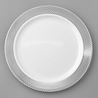Silver Visions 7 inch White Plastic Plate with Silver Lattice Design - 15/Pack