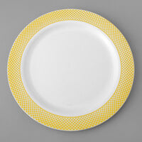 Gold Visions 10" White Plastic Plate with Gold Lattice Design - 12/Pack