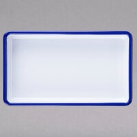 Cal-Mil 3470-15 Enamelware 12" x 7" x 2" White Deep Melamine Serving Tray with Blue Rim
