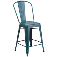 Flash Furniture ET-3534-24-KB-GG Distressed Kelly Blue Metal Counter Height Stool with Vertical Slat Back and Drain Hole Seat