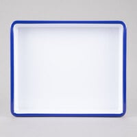 Cal-Mil 3464-15 Enamelware 12" x 10" x 2" White Deep Melamine Serving Tray with Blue Rim