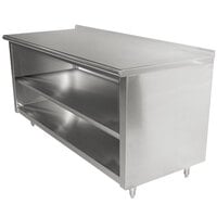 Advance Tabco EF-SS-364M 36 inch x 48 inch 14 Gauge Open Front Cabinet Base Work Table with Fixed Mid Shelf and 1 1/2 inch Backsplash