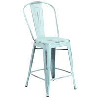 Flash Furniture ET-3534-24-DB-GG Distressed Green Blue Metal Counter Height Stool with Vertical Slat Back and Drain Hole Seat