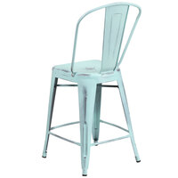 Flash Furniture ET-3534-24-DB-GG Distressed Green Blue Metal Counter Height Stool with Vertical Slat Back and Drain Hole Seat