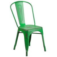 Flash Furniture ET-3534-GN-GG Distressed Green Stackable Metal Chair with Vertical Slat Back and Drain Hole Seat
