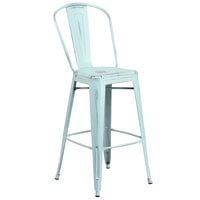 Flash Furniture ET-3534-30-DB-GG Distressed Green Blue Metal Bar Height Stool with Vertical Slat Back and Drain Hole Seat
