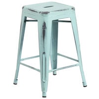 Flash Furniture ET-BT3503-24-DB-GG Distressed Green Blue Stackable Metal Counter Height Stool with Drain Hole Seat