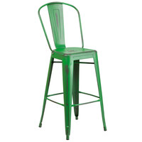Flash Furniture ET-3534-30-GN-GG Distressed Green Metal Bar Height Stool with Vertical Slat Back and Drain Hole Seat