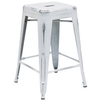 Flash Furniture ET-BT3503-24-WH-GG Distressed White Stackable Metal Counter Height Stool with Drain Hole Seat