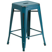 Flash Furniture ET-BT3503-24-KB-GG Distressed Kelly Blue Stackable Metal Counter Height Stool with Drain Hole Seat
