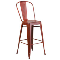 Flash Furniture ET-3534-30-RD-GG Distressed Kelly Red Metal Bar Height Stool with Vertical Slat Back and Drain Hole Seat