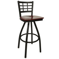 BFM Seating Marietta Sand Black Metal Swivel Bar Height Chair with Mahogany Wood Seat