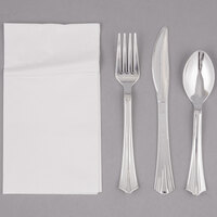 Silver Visions Silver Heavy Weight Plastic Cutlery Set with White Pocket Fold Napkin - 50/Case