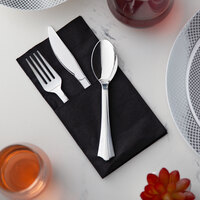 Silver Visions Silver Heavy Weight Plastic Cutlery Set with Black Pocket Fold Napkin - 50/Case