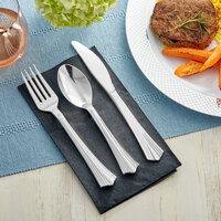 Visions Silver Heavy Weight Plastic Cutlery Set with Black Pocket Fold Napkin - 50/Case