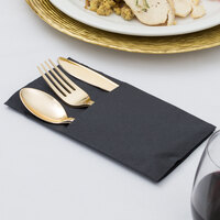 Visions Gold Heavy Weight Plastic Cutlery Set with Black Pocket Fold Napkin - 50/Case