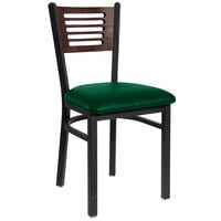 BFM Seating Espy Sand Black Metal Side Chair with Walnut Wooden Back and 2" Green Vinyl Seat