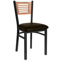 BFM Seating Espy Sand Black Metal Side Chair with Cherry Wooden Back and 2" Dark Brown Vinyl Seat