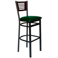 BFM Seating 2151BGNV-WASB Espy Sand Black Metal Bar Height Chair with Walnut Wooden Back and 2" Green Vinyl Seat