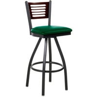 BFM Seating Espy Sand Black Metal Bar Height Chair with Walnut Wooden Back and 2" Green Vinyl Swivel Seat