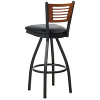 BFM Seating 2151SBLV-CHSB Espy Sand Black Metal Bar Height Chair with Cherry Wooden Back and 2 inch Black Vinyl Swivel Seat