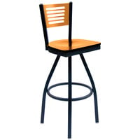 BFM Seating Espy Sand Black Metal Bar Height Chair with Natural Wooden Back and Swivel Seat