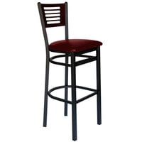 BFM Seating Espy Sand Black Metal Bar Height Chair with Walnut Wooden Back and 2" Burgundy Vinyl Seat