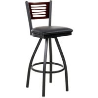 BFM Seating Espy Sand Black Metal Bar Height Chair with Walnut Wooden Back and 2" Black Vinyl Swivel Seat