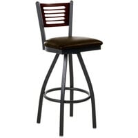 BFM Seating 2151SDBV-WASB Espy Sand Black Metal Bar Height Chair with Walnut Wooden Back and 2" Dark Brown Vinyl Swivel Seat