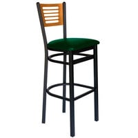 BFM Seating Espy Sand Black Metal Bar Height Chair with Natural Wooden Back and 2" Green Vinyl Seat