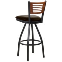 BFM Seating 2151SDBV-CHSB Espy Sand Black Metal Bar Height Chair with Cherry Wooden Back and 2 inch Dark Brown Vinyl Swivel Seat