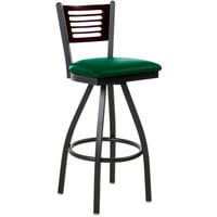 BFM Seating Espy Sand Black Metal Bar Height Chair with Mahogany Wooden Back and 2" Green Vinyl Swivel Seat