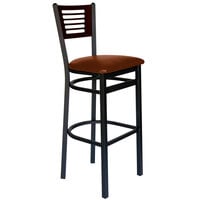 BFM Seating 2151BLBV-WASB Espy Sand Black Metal Bar Height Chair with Walnut Wooden Back and 2" Light Brown Vinyl Seat