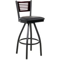 BFM Seating Espy Sand Black Metal Bar Height Chair with Mahogany Wooden Back and 2" Black Vinyl Swivel Seat