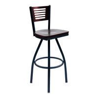 BFM Seating Espy Sand Black Metal Bar Height Chair with Mahogany Wooden Back and Swivel Seat