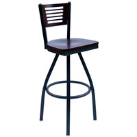 BFM Seating Espy Sand Black Metal Bar Height Chair with Mahogany Wooden Back and Swivel Seat
