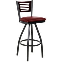 BFM Seating Espy Sand Black Metal Bar Height Chair with Mahogany Wooden Back and 2" Burgundy Vinyl Swivel Seat