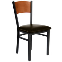BFM Seating 2150CDBV-CHSB Dale Sand Black Metal Side Chair with Cherry Finish Wooden Back and 2" Dark Brown Vinyl Seat