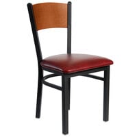 BFM Seating 2150CBUV-CHSB Dale Sand Black Metal Side Chair with Cherry Finish Wooden Back and 2" Burgundy Vinyl Seat