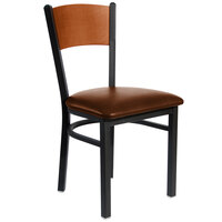 BFM Seating 2150CLBV-CHSB Dale Sand Black Metal Side Chair with Cherry Finish Wooden Back and 2" Light Brown Vinyl Seat