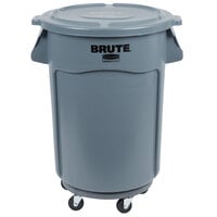 Rubbermaid BRUTE 44 Gallon Gray Round Trash Can, Lid, and Dolly Kit