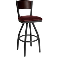 BFM Seating Dale Sand Black Metal Swivel Bar Height Chair with Walnut Finish Wooden Back and 2" Burgundy Vinyl Seat